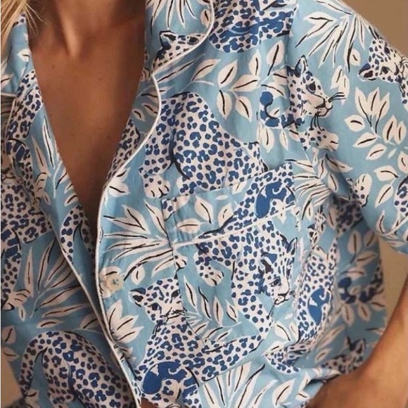 Printfresh + Anthropologie City Cats blue leopard print pajama shorts set NWOT - Picture 9 of 11